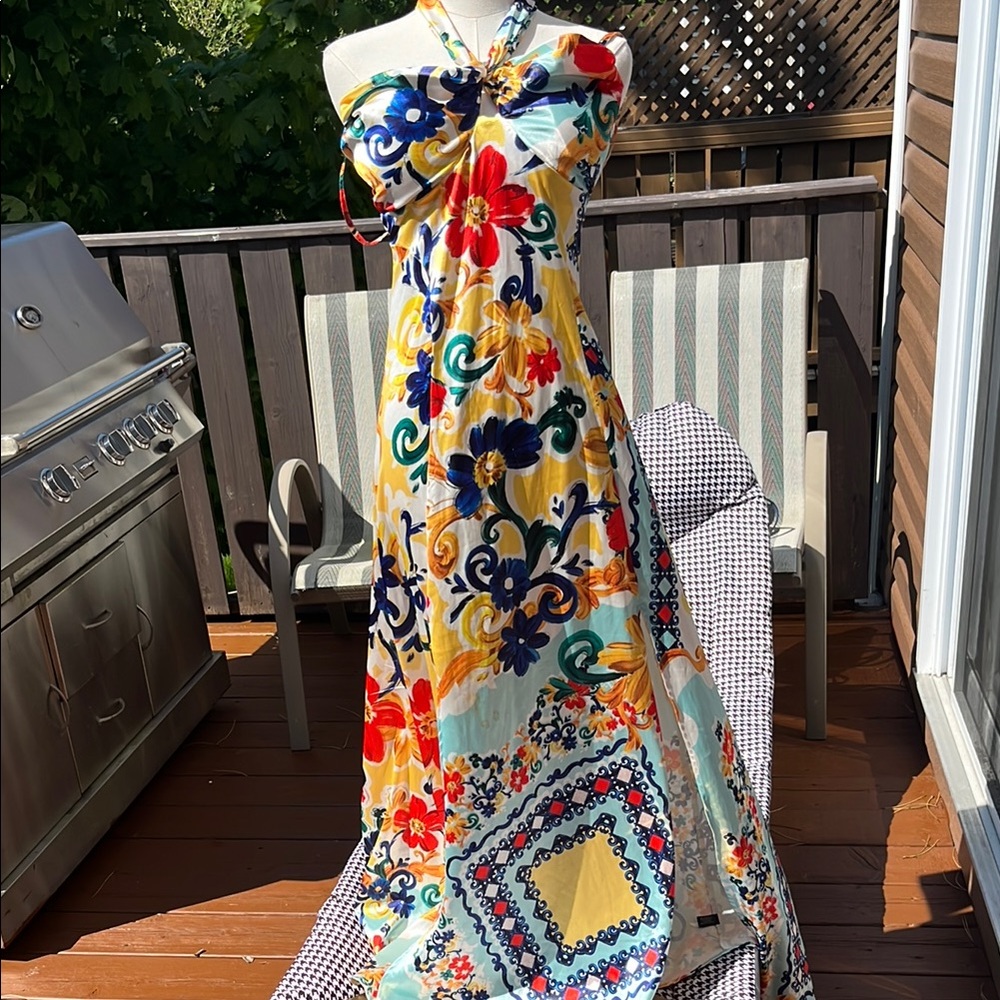 Boston Proper Yellow Red One Shoulder Maxi Sundress